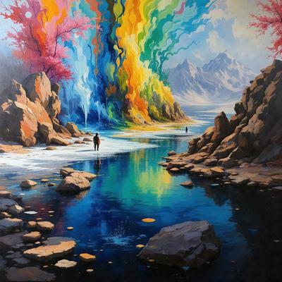 The primary subject of the image is a man standing on a rock near a body of water. The setting is a picturesque landscape with a river, mountains, and a rainbow in the background. The visual style is a painting, which adds a sense of artistic expression and creativity to the scene. The colors and mood of the image are vibrant and lively, with the rainbow and the water creating a sense of tranquility and beauty.